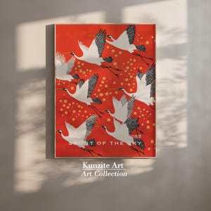 Japanese Crane Print | Red Infinity Dot Japandi Wall Art | Eclectic Digital Artwork for Living Room - P0111