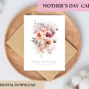 Florale - Carte de voeux imprimable aquarelle pour la fête des mères | Téléchargement numérique instantané PNG avec un beau design floral