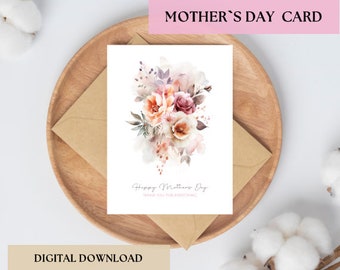 Floral Card - Happy Mother's Day Watercolor Printable Greeting Card | Instant Digital Download PNG with Beautiful Floral Design