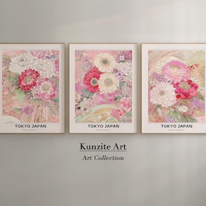 Pink Floral Wall Art Trio | Set of 3 Vintage Japanese Flower Prints | Botanical Decor for Home & Nursery