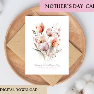 Happy Mother's Day aquarel tulp kaart: afdrukbare bloemen wenskaart - instant digitale download png met tulp ontwerp