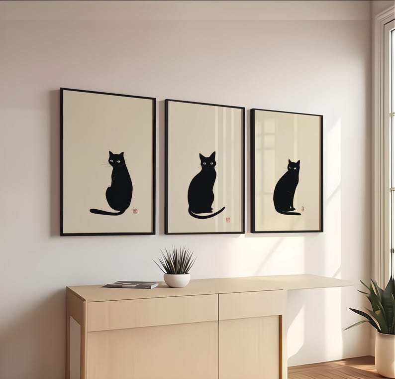 Japanese Black Cat Wall Art Set of 3 – Minimalist Zen Printable Cat ...
