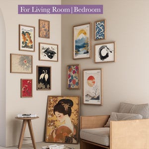 May include: A collection of framed art prints in various sizes and styles, including floral, landscape, and abstract designs. The prints are displayed on a neutral-colored wall, creating a gallery-like aesthetic. The text "For Living Room | Bedroom" is visible.