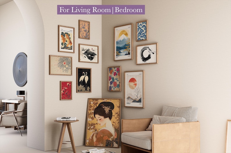 May include: A collection of framed art prints in various sizes and styles, including floral, landscape, and abstract designs. The prints are displayed on a neutral-colored wall, creating a gallery-like aesthetic. The text "For Living Room | Bedroom" is visible.