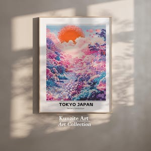 Abstract Sakura & Fuji Mountain Sunrise Digital Art -Japanese Wall Art, Nature Print, Landscape Decor, Modern Home Aesthetic for living room