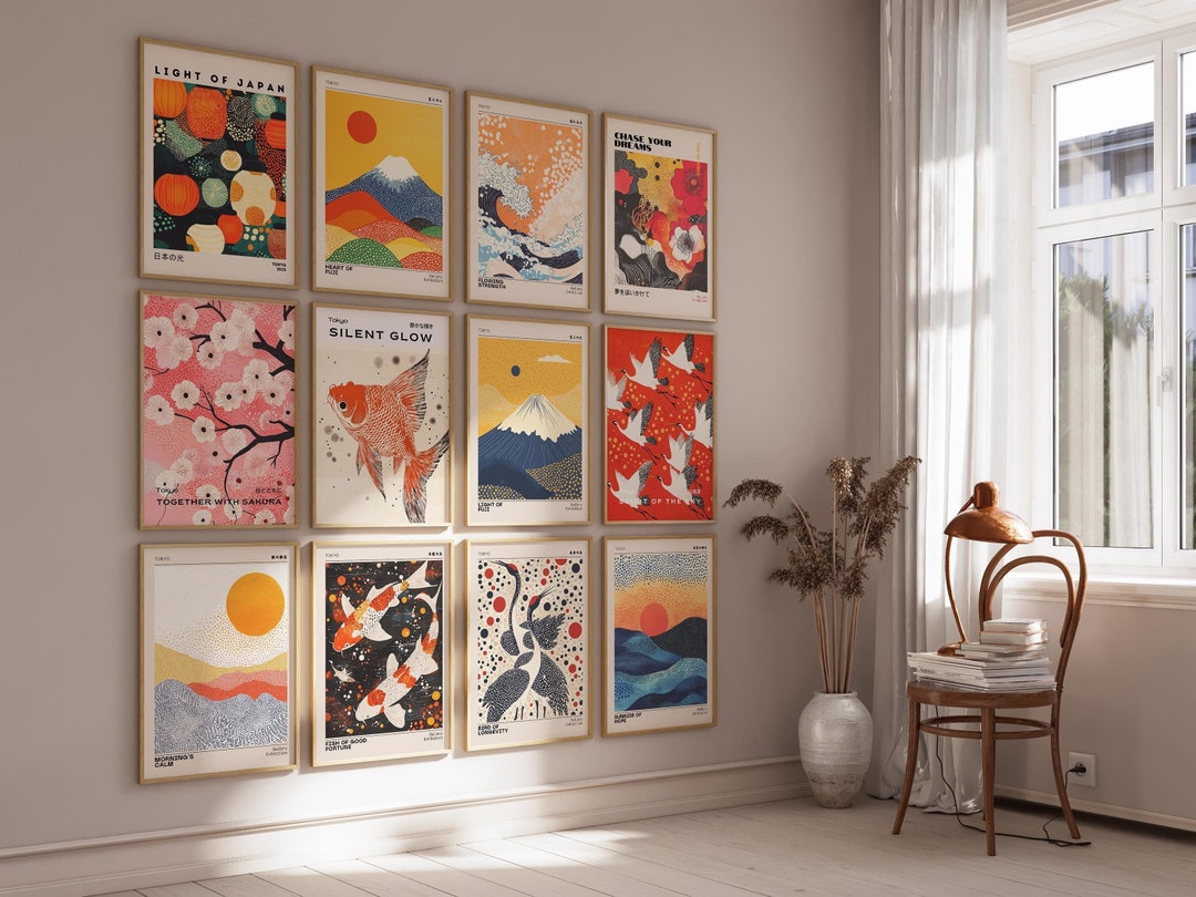 Vintage Japanese Wall Art Bundle Set of 12 Digital Art Download