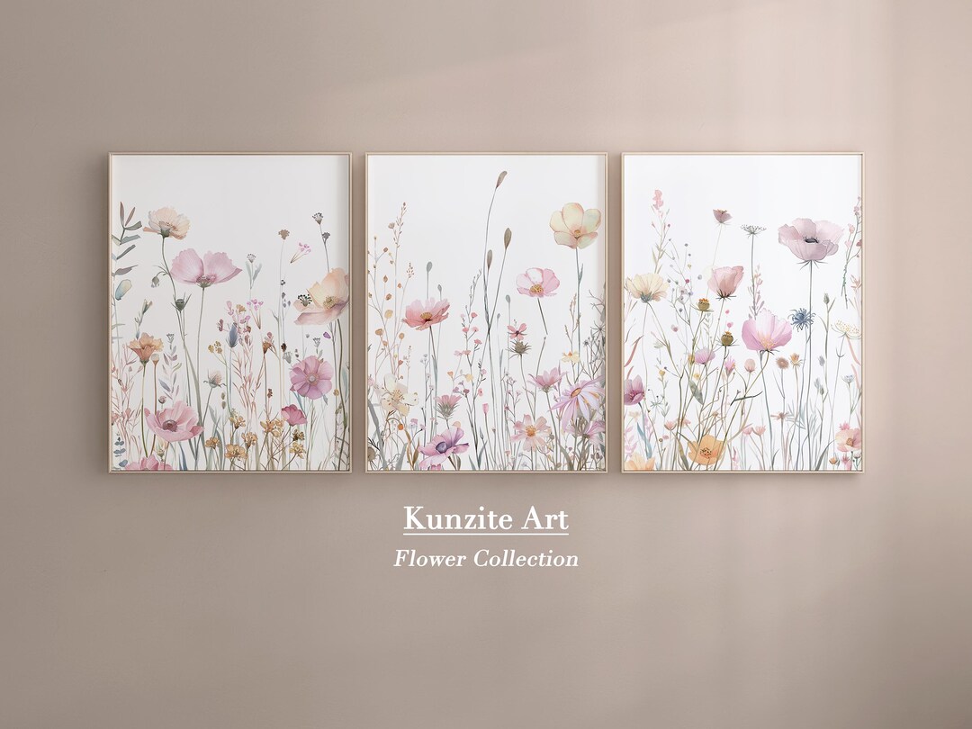 Pink Wildflower Nursery Wall Art Set of 3 : Botanical Floral Prints for ...
