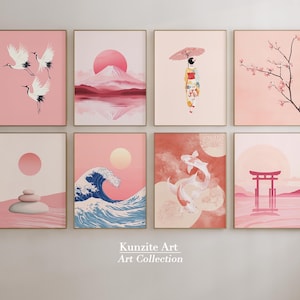 Vintage Japanese Wall Art Pink: Hokusai, Fuji, Sakura (Printable Digital Download Set of 8)