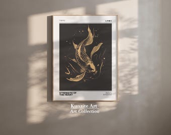 May include: A framed art print featuring a gold koi fish illustration on a black background. The print includes the text "TOKYO" at the top and "STRENGTH OF THE HEART" at the bottom. The artwork is part of the "Kunzite Art Collection".