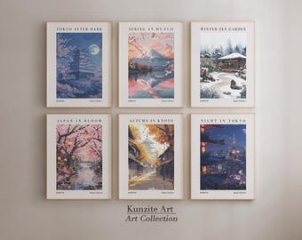 Galería de arte mural con paisajes japoneses (paquete de 6) Arte digital imprimible / Decoración de pared japonesa de temporada