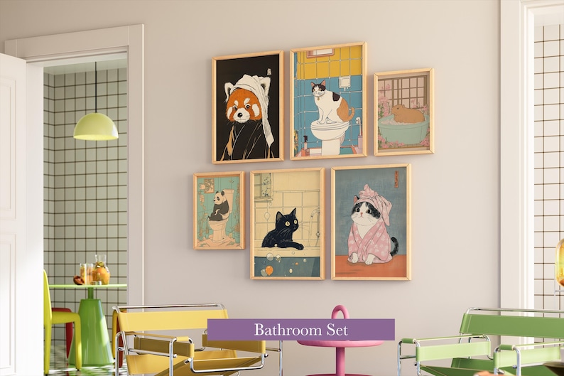 May include: A set of six framed art prints featuring whimsical animal illustrations in a bathroom theme. The artwork includes a red panda, cats, and a panda bear, all depicted in various bathroom settings. The text "Bathroom Set" is displayed.