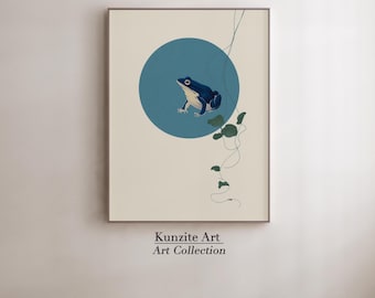 Japanischer Frosch Wandkunst | Minimalistische Zen Tier Illustration | Blue Moon Botanischer Druck | Wabi Sabi Digital Decor Download|SIN2