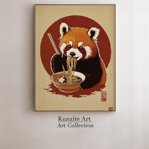 Lámina artística de ramen de panda rojo – Ilustración de fideos japoneses – Decoración de pared con un toque gastronómico – Póster digital kawaii – Descarga instantánea - K07