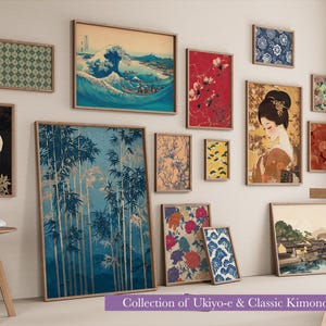 May include: A collection of framed art prints featuring Japanese Ukiyo-e and classic kimono patterns. The artwork includes images of cranes, bamboo, floral designs, and a geisha. The color palette includes blues, reds, and golds.