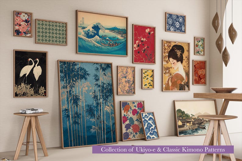 May include: A collection of framed art prints featuring Japanese Ukiyo-e and classic kimono patterns. The artwork includes images of cranes, bamboo, floral designs, and a geisha. The color palette includes blues, reds, and golds.