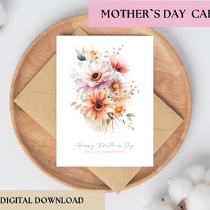 Carte aquarelle marguerite heureuse fête des mères : carte de voeux florale imprimable - téléchargement numérique instantané PNG avec motif marguerite