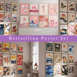 May include: A collection of framed art prints featuring Japanese-inspired designs. The prints showcase various scenes, including landscapes, birds, and traditional motifs. The text "Bestselling Poster Set" is displayed across the image. The art is displayed on a wall.