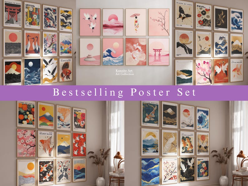 May include: A collection of framed art prints featuring Japanese-inspired designs. The prints showcase various scenes, including landscapes, birds, and traditional motifs. The text "Bestselling Poster Set" is displayed across the image. The art is displayed on a wall.