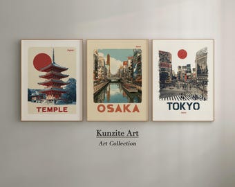 Japan Travel Poster Set of 3 | Tokyo Osaka Temple Wall Art | Vintage Japanese Prints | Retro Japan Decor | Digital Download