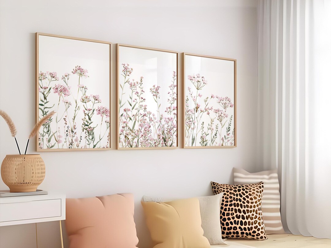Pink Wildflower Nursery Wall Art Set of 3 : Botanical Floral Prints for ...