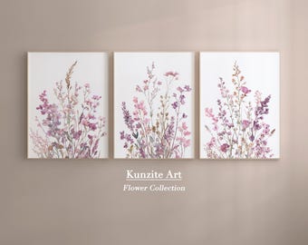 ボヘミアン風ピンクパープルワイルドフラワーウォールアート3点セット | ボタニカルプリント花柄装飾 | リビングルーム・寝室用デジタルアート | PF7