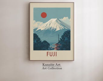 May include: Framed art print featuring Mount Fuji with a red sun, snow-capped peak, and a pagoda. The word "FUJI" is printed in red, with "Kunzite Art Collection" below.