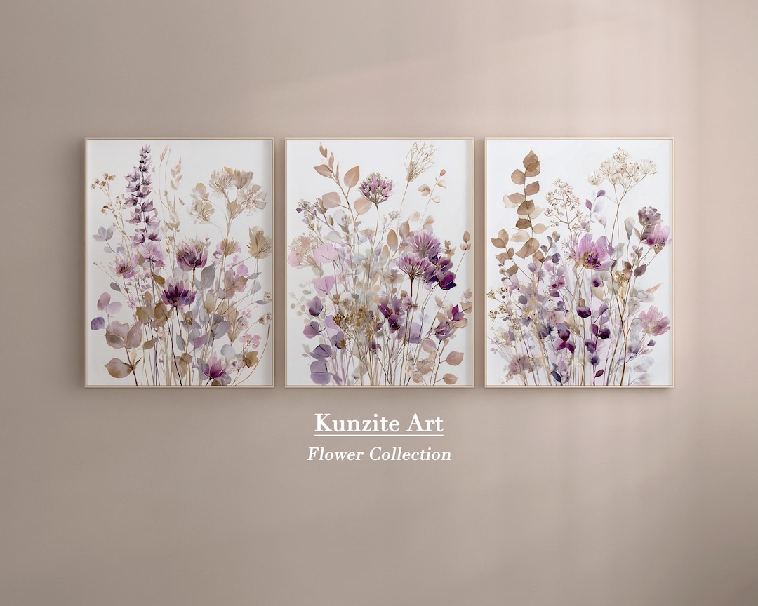 Neutral Botanical Wall Art Set of 3 – Purple Beige Floral Prints | Boho ...