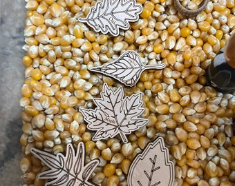 Wooden Leaf labels // engraved leaf labels // fall sensory bin // leaf education