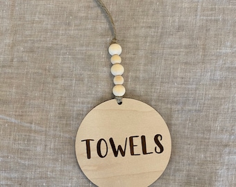 Custom Wooden Laundry Basket Labels with beads // Wood Labels for Organizing // Wood Laundry Bin Labels // Laundry Room Organization