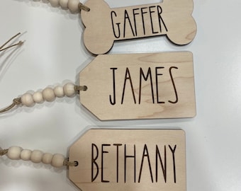 Wooden Name Tag with beads // Engraved Name Tag // Christmas Stocking Tag // Christmas Gift Tag // Christmas Name Ornament