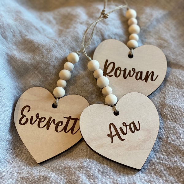 Wooden Heart Name Tag with beads // Engraved Heart Name Tag // Valentine’s Day Name Tag // Valentine’s Gift Tag // Valentine’s Day gift tag