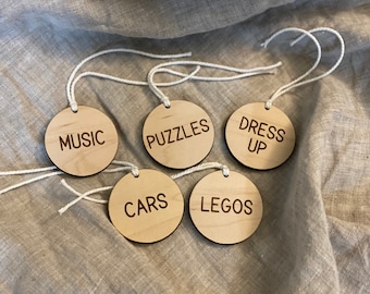 Custom Wooden Toy Labels // Wood Labels for Organizing // Wood Toy Bin Labels // Engraved Toy Labels