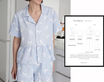 May include: A light blue pajama set with a bow print. The top has a collar and short sleeves. The shorts have a ruffle trim. The pattern includes the text "The Mulberry" and "Style Overview".
