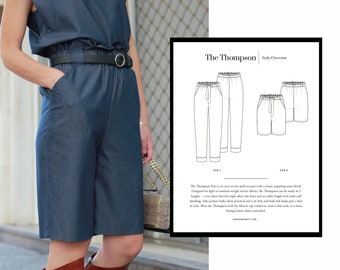 May include: A denim jumpsuit with a black belt and a brown leather bag. The jumpsuit has a wide leg and a relaxed fit. The text "The Thompson Style Overview" is visible in the image.
