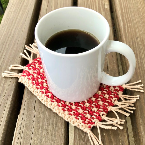 Hand Knit Mug Rug | Knit Coffee Coaster | Farmhouse Coaster/Mug Rug | Coffee Lover Gift | Knit Red/Beige  Cotton Coaster | Gift for All