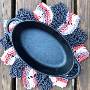 Hand Knit Dishcloth Round Dishcloth Gray/White Dishcloth Cotton Dishcloth Hostess Gift Kitchen Cloths Knit Trivet Farmhouse image 2