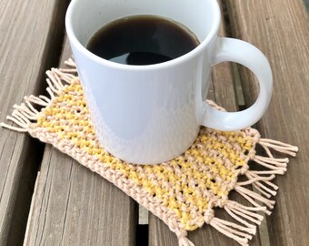 Hand Knit Mug Rug | Knit Coffee Coaster | Farmhouse Coaster/Mug Rug | Coffee Lover Gift | Knit Yellow/Beige  Cotton Coaster | Gift for All