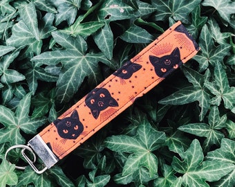 Black cat key fob wristlet - lanyards for keys - cute key chain - wrist lanyard