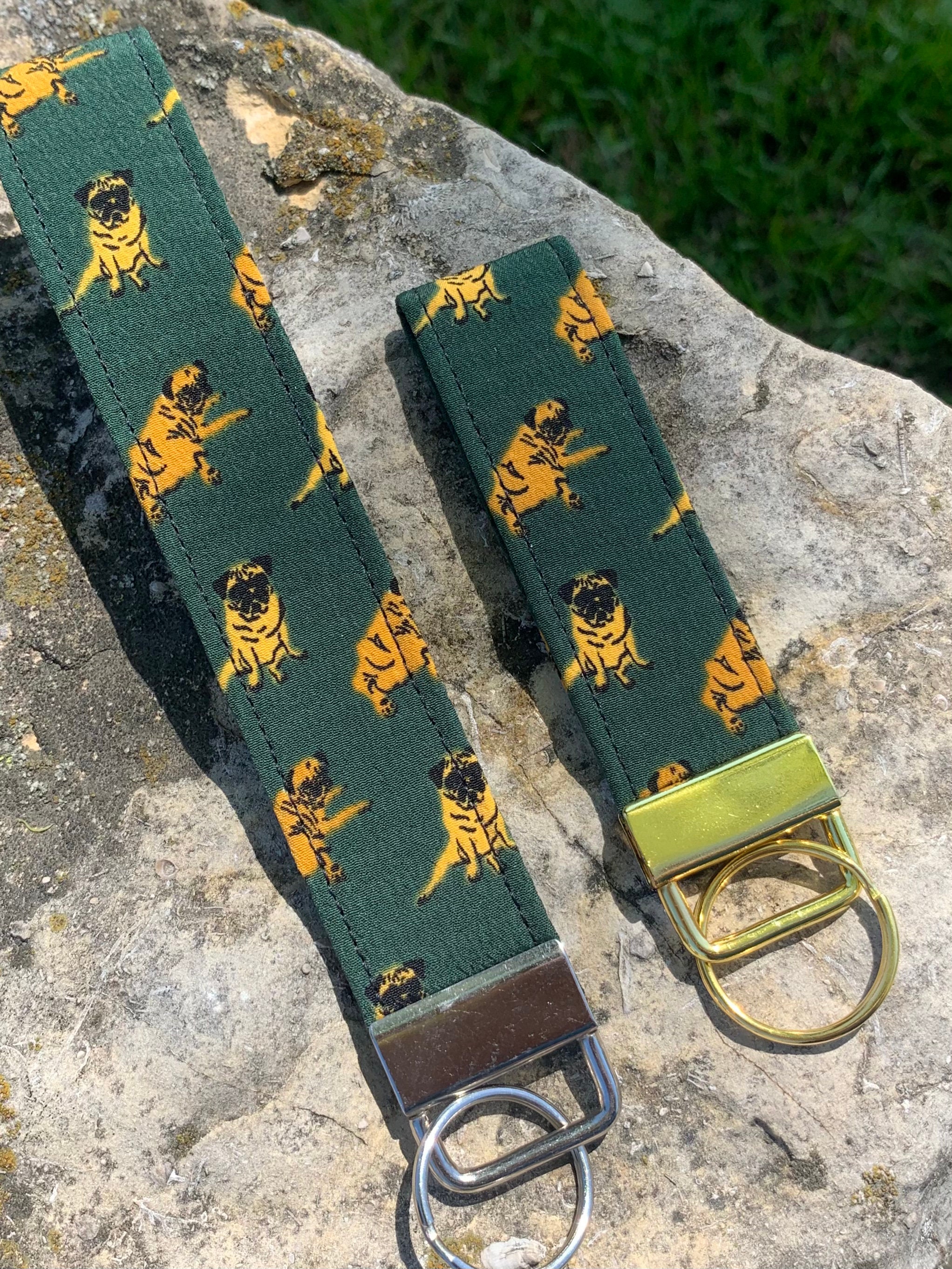 Pug Key fob wristlet, silky textured pug fabric, dog mom gifts, dog lovers, college student gifts, pug keychain wristlet lanyard