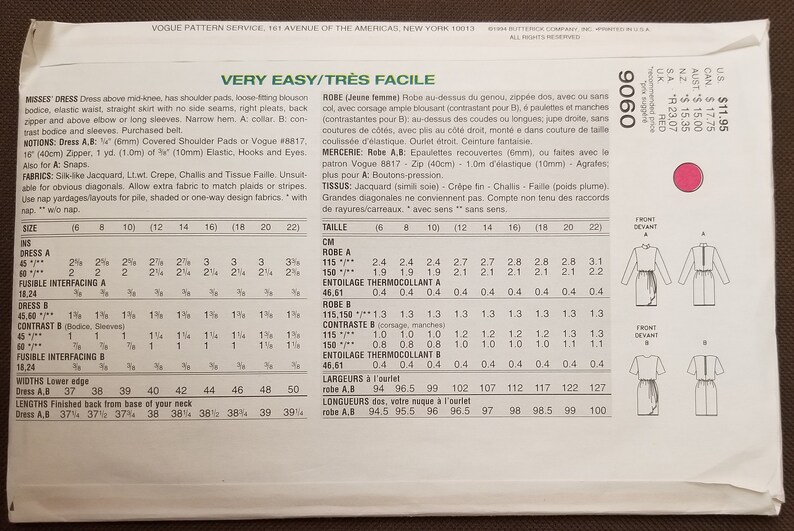 Size 12-14-16 Misses/' Dress UNCUT Vogue 9060 Very Easy Vogue Sewing Pattern