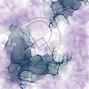May include: Abstract art print with swirling patterns in shades of purple and blue. The background is white.