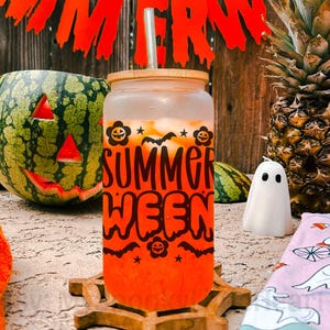 Summerween, 16oz Clear Glass Cup, Summer Cup, Spooky Summer, Summerween party cups, Glass cup with lid and straw, goth summer, goth cup, ALT
