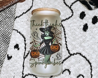 Thick thighs and Spooky Vibes, Witchy Glass Cup with straw, Spooky Iced Coffee Cup, Halloween cup, 16oz frosted cup, retro witch, bruja cup