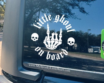 Little ghoul on board, car decal, goth mom, skeleton rock hand decal, spooky mom car accessories, spooky decals, alt mom, gothic mom, alt