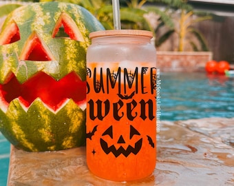 Summerween Cup, 16oz Frosted Glass Cup, Spooky Summer, Gothic Summer Party Essentials, Summerween party glass cup, ALT, Hot goth summer Cup