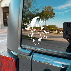 Cute Ghost Decal, Car Decal, Ghost with Moon, Flying Bats, Ghost and bats Decal, Spooky Decals, Iced Coffee Decal, Goth Decals, alternative