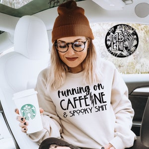 Running on caffeine and spooky shit, Halloween Sweatshirt, spooky season, halloween, fall season,  coffee lover, I need coffee, spooky mama