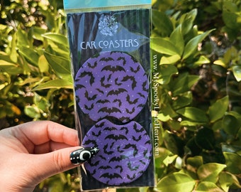 Spooky car accessories, spooky car coasters, bats car coasters, cute coasters, pastel goth coasters, goth car, Halloween car accessories