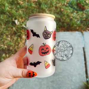 Retro Halloween Vintage Glass Cup, 16oz Frosted Spooky Cup, Halloween Iced Coffee Cup, Halloween Cup, Spooky Cute Cup, Bats cup, Spooky Cup