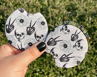 Skull Car Coasters | gothic car coasters | goth car decor | Cute Car accessories | cup holder accessories | spooky accessories | spooky cute